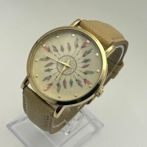 Dream Catcher Dial Gold Cream Leather Women’s Watch Working New Battery
